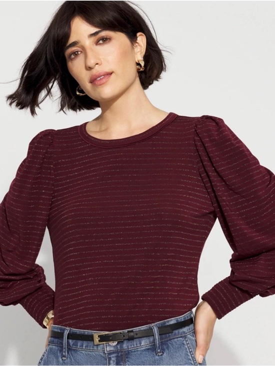White House Black Market Tops - White House Black Market Burgundy Metallic-Striped Puff-Sleeve Top